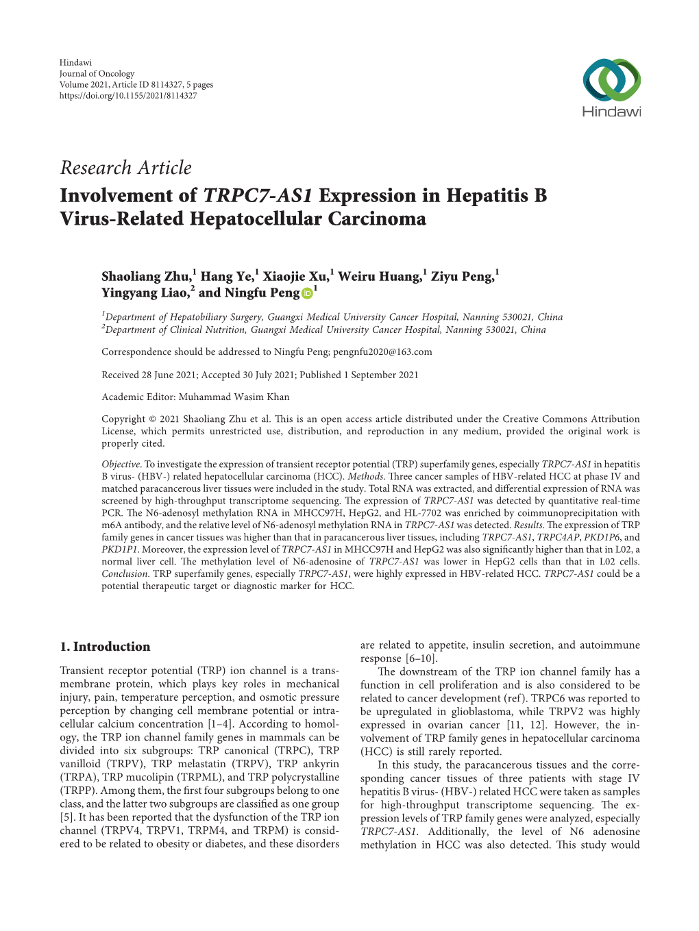 Research Article Involvement of TRPC7-AS1 Expression in Hepatitis B Virus-Related Hepatocellular Carcinoma
