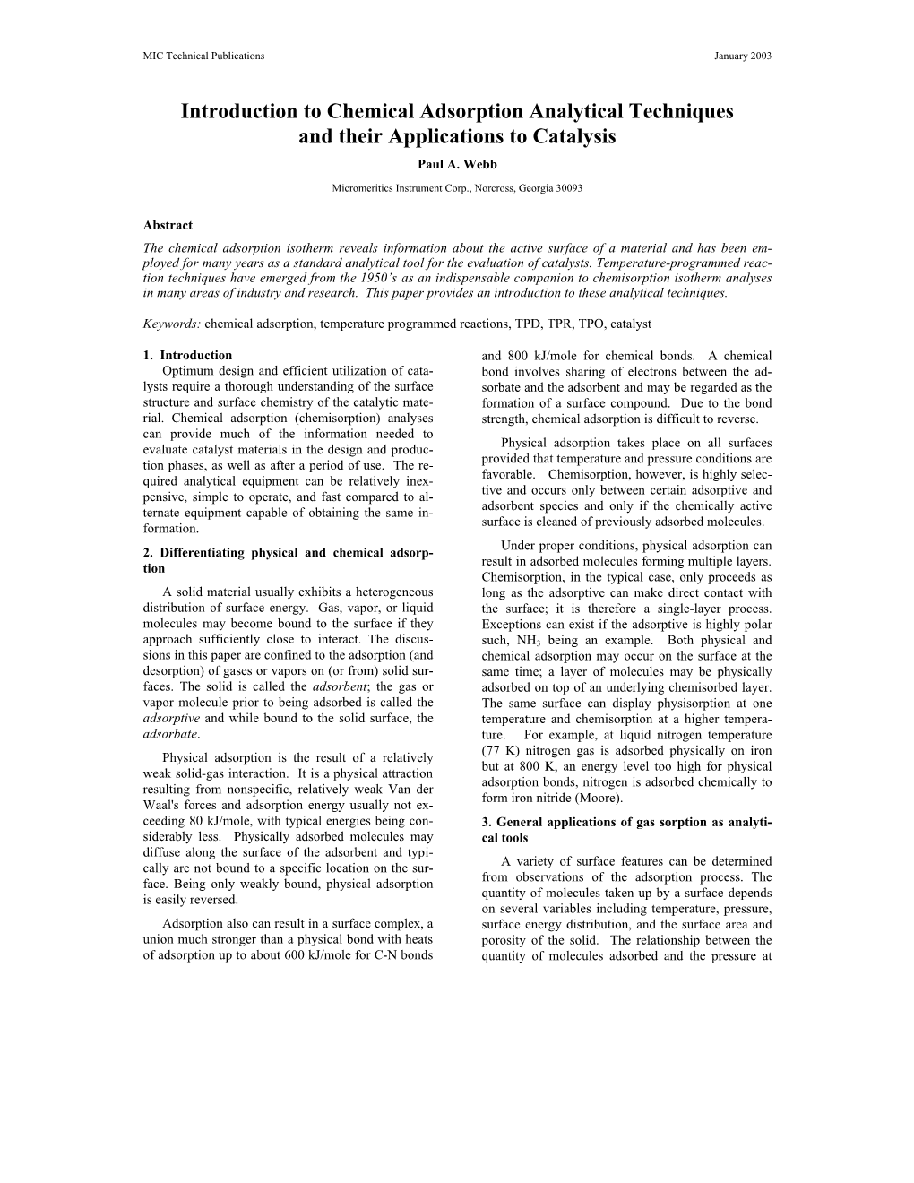 Introduction to Chemical Adsorption Analytical Techniques and Their Applications to Catalysis Paul A