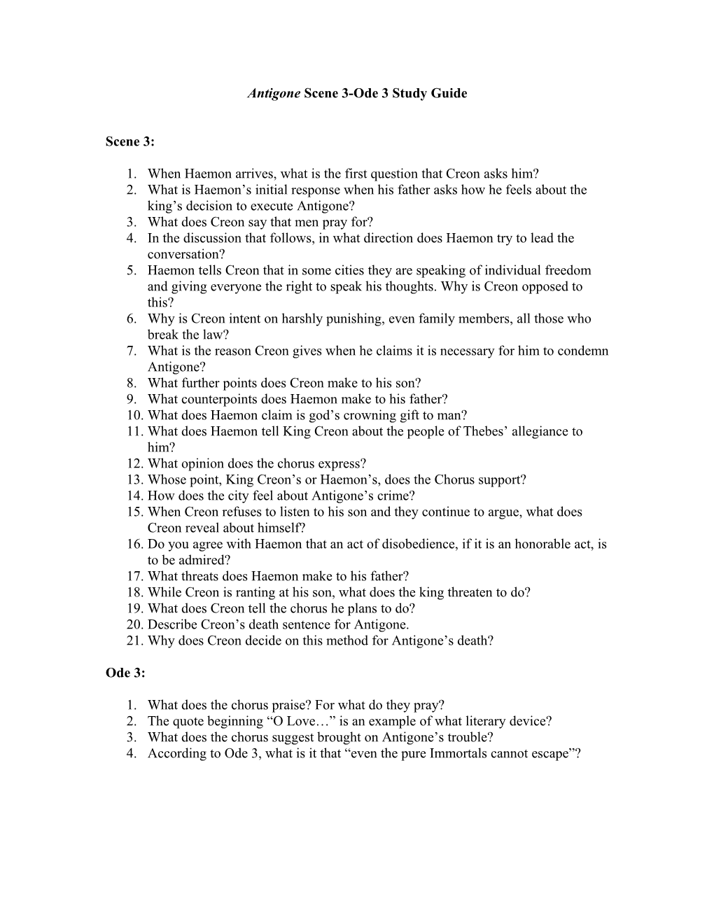 Antigone Scene 3-Ode 3 Study Guide