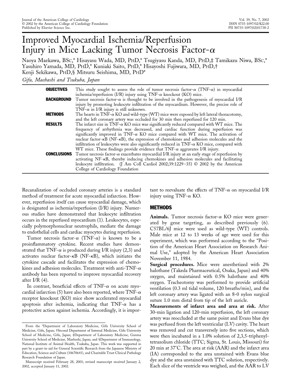 Improved Myocardial Ischemia/Reperfusion Injury in Mice