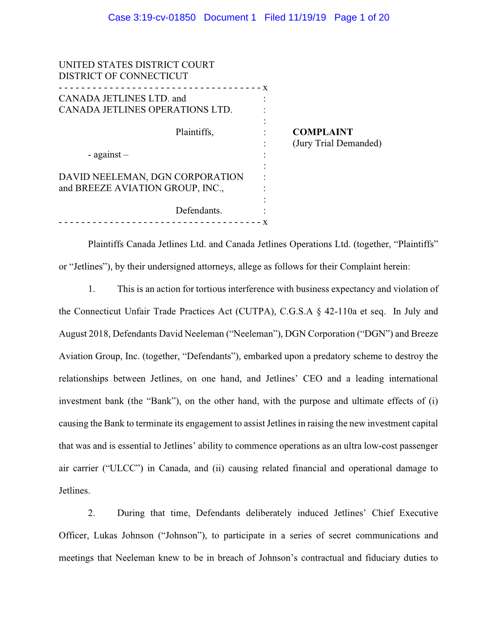 Case 3:19-Cv-01850 Document 1 Filed 11/19/19 Page 1 of 20