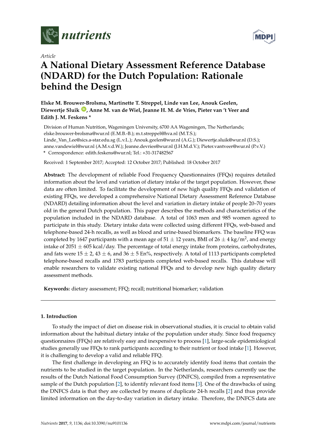 A National Dietary Assessment Reference Database (NDARD) for the Dutch Population: Rationale Behind the Design