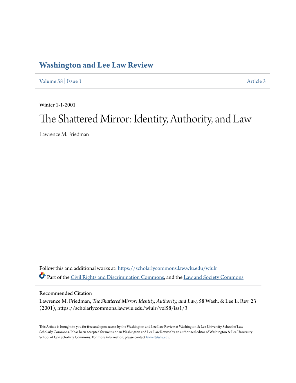 The Shattered Mirror: Identity, Authority, and Law, 58 Wash