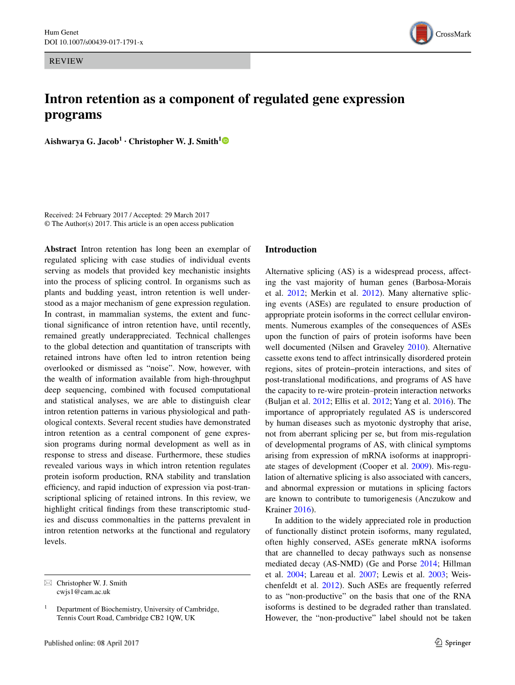 Intron Retention As a Component of Regulated Gene Expression Programs