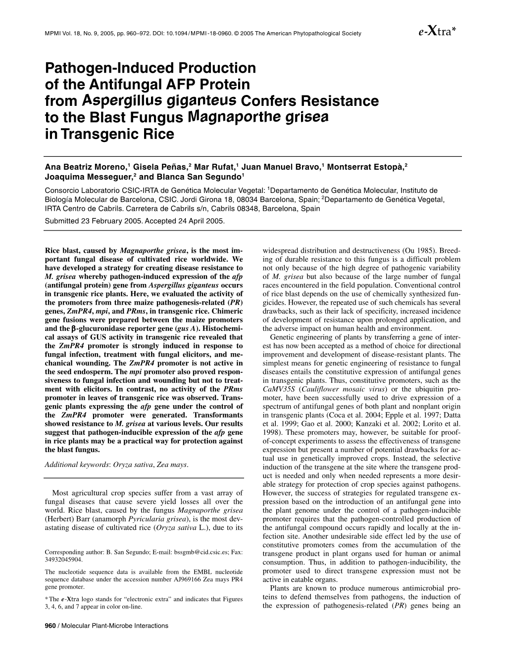 Pathogen-Induced Production of the Antifungal AFP Protein from Aspergillus Giganteus Confers Resistance to the Blast Fungus Magnaporthe Grisea in Transgenic Rice