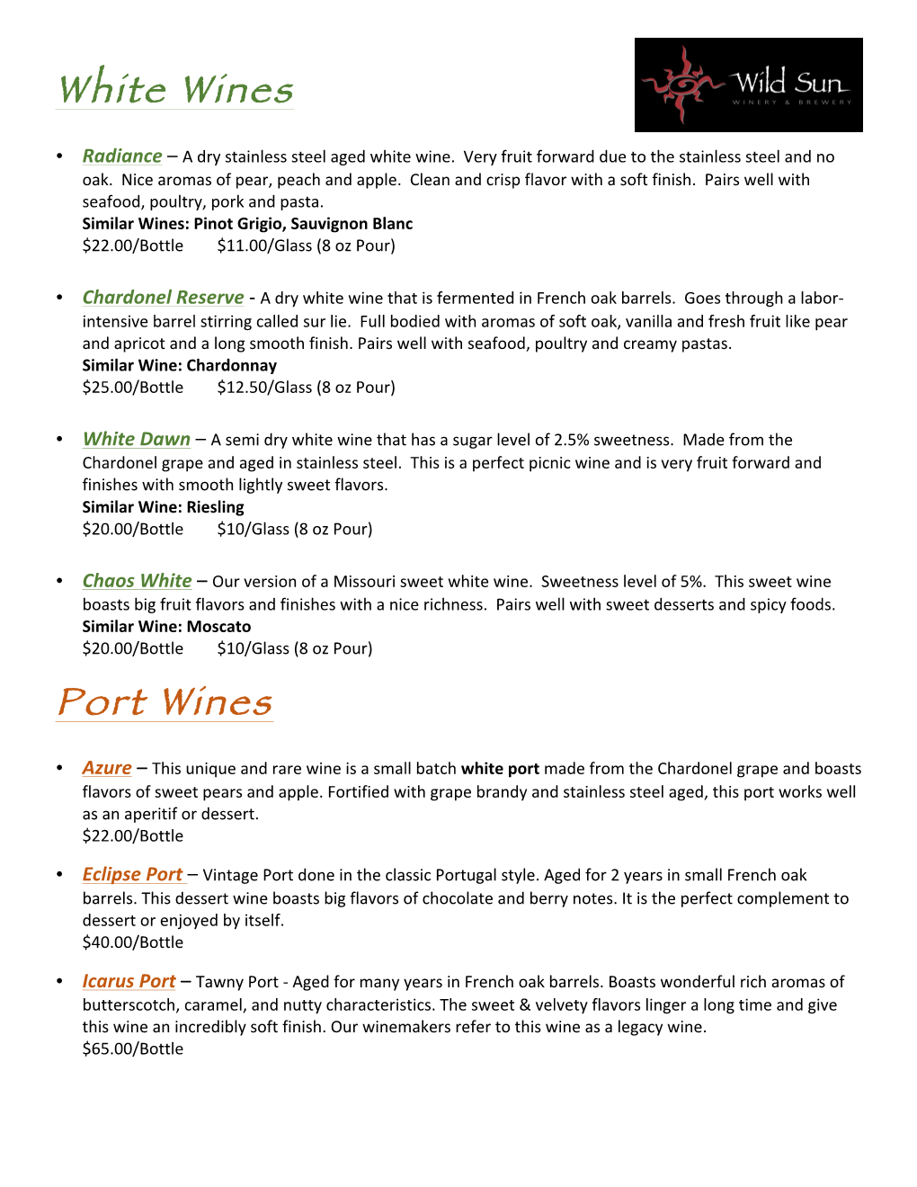 White Wines Port Wines