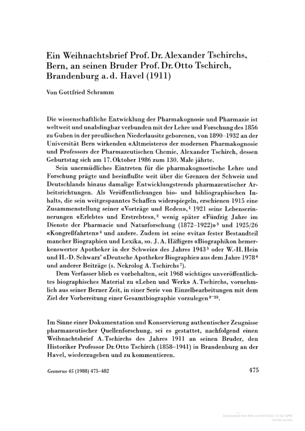 Ein Weihnachtsbrief Prof. Dr. Alexander Tschirchs, Bern, an Seinen Bruder Prof