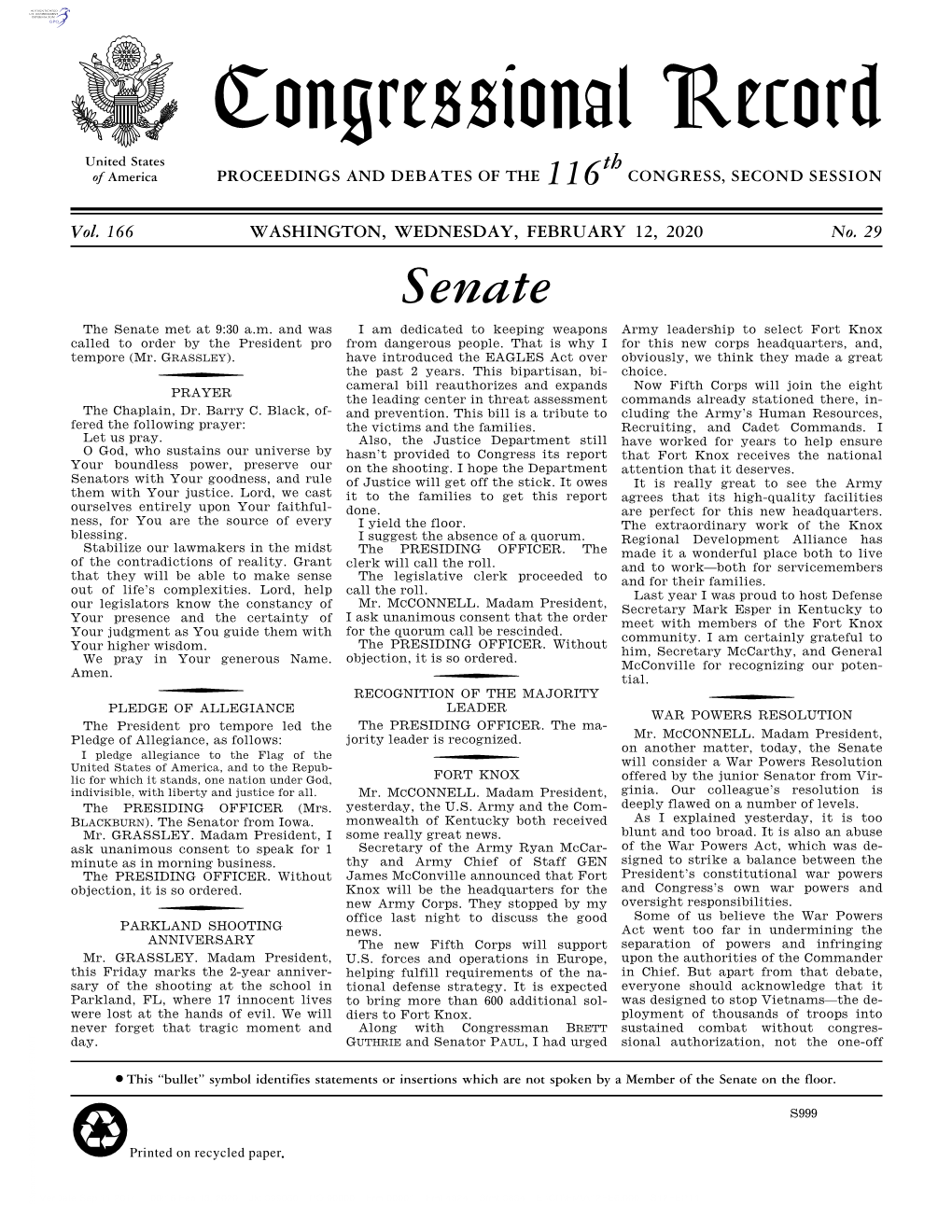 Congressional Record United States Th of America PROCEEDINGS and DEBATES of the 116 CONGRESS, SECOND SESSION