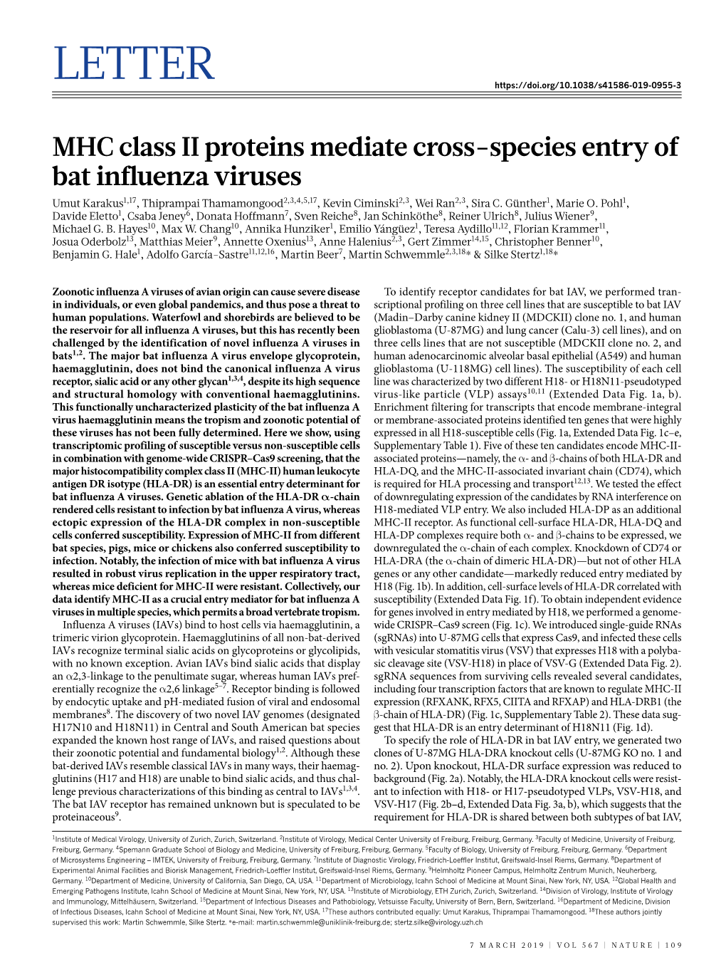 MHC Class II Proteins Mediate Cross-Species Entry of Bat Influenza Viruses Umut Karakus1,17, Thiprampai Thamamongood2,3,4,5,17, Kevin Ciminski2,3, Wei Ran2,3, Sira C