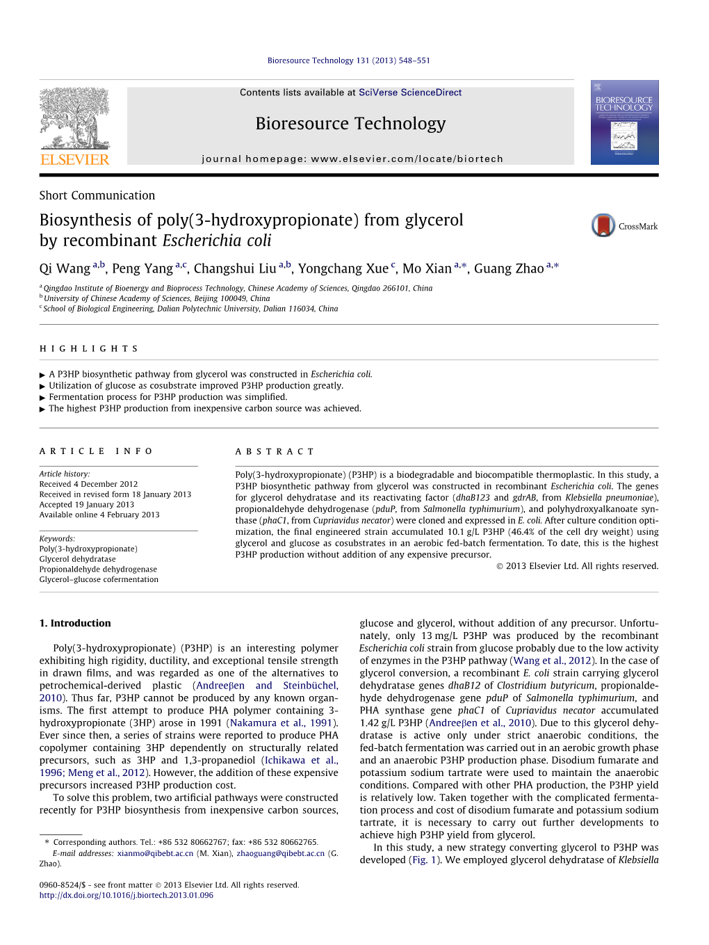 Biosynthesis of Poly(3-Hydroxypropionate) from Glycerol by Recombinant Escherichia Coli