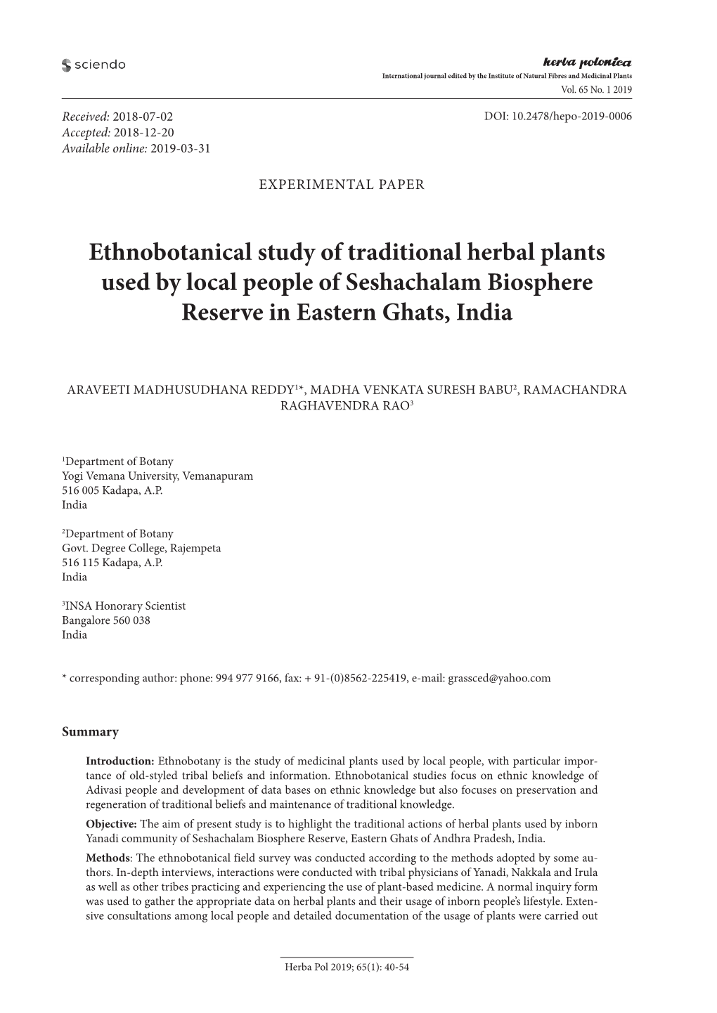 Ethnobotanical Study of Traditional Herbal Plants Used by Local People of Seshachalam Biosphere Reserve in Eastern Ghats, India