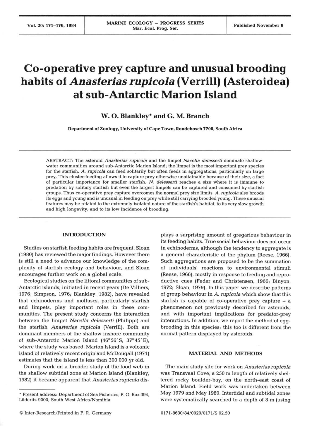 Co-Operative Prey Capture and Unusual Brooding Habits of Anasterias Rupicola (Verrill) (Asteroidea) at Sub-Antarctic Marion Island