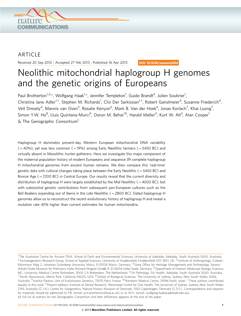 Neolithic Mitochondrial Haplogroup H Genomes and the Genetic Origins of Europeans