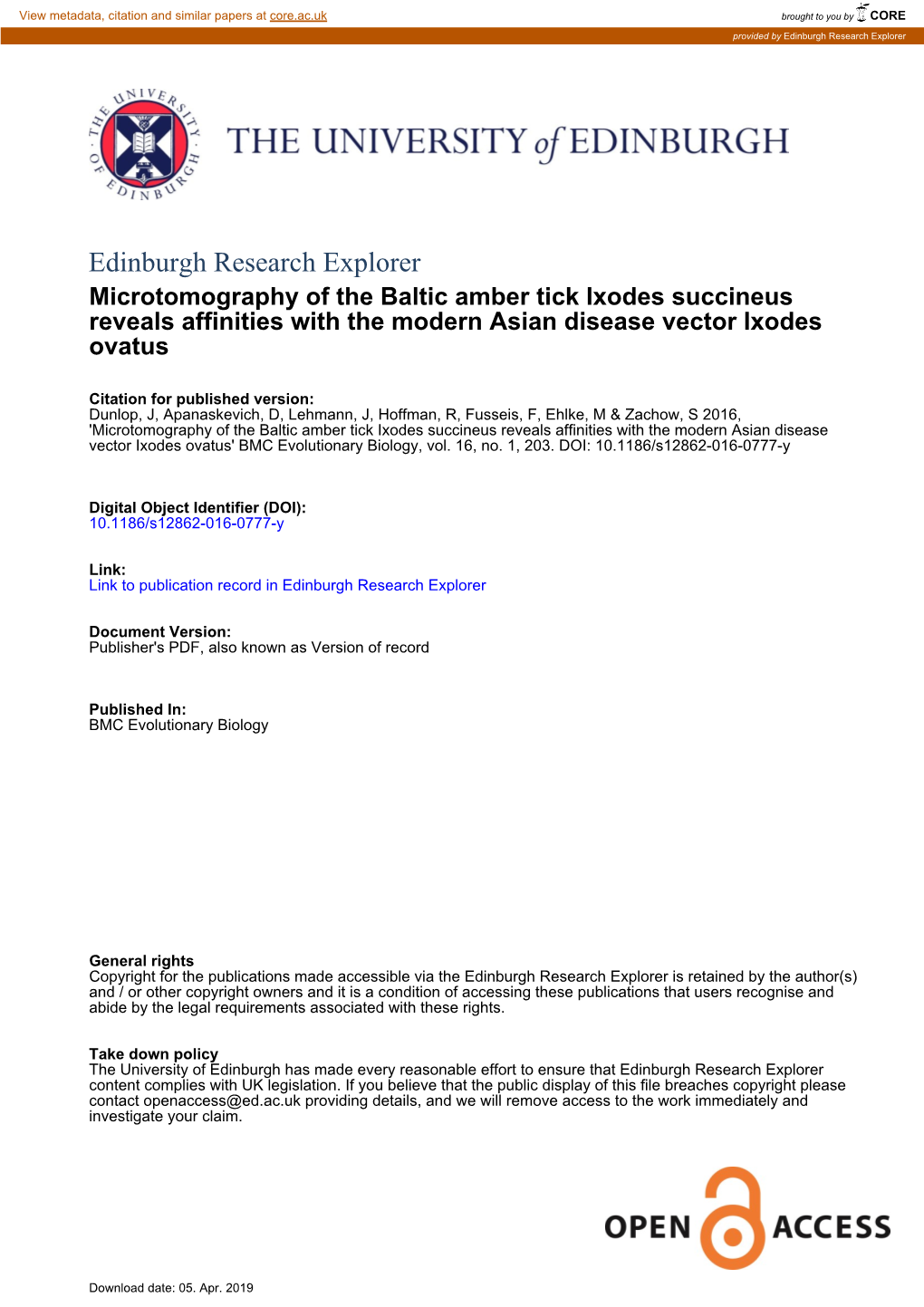 Microtomography of the Baltic Amber Tick Ixodes Succineus Reveals Affinities with the Modern Asian Disease Vector Ixodes