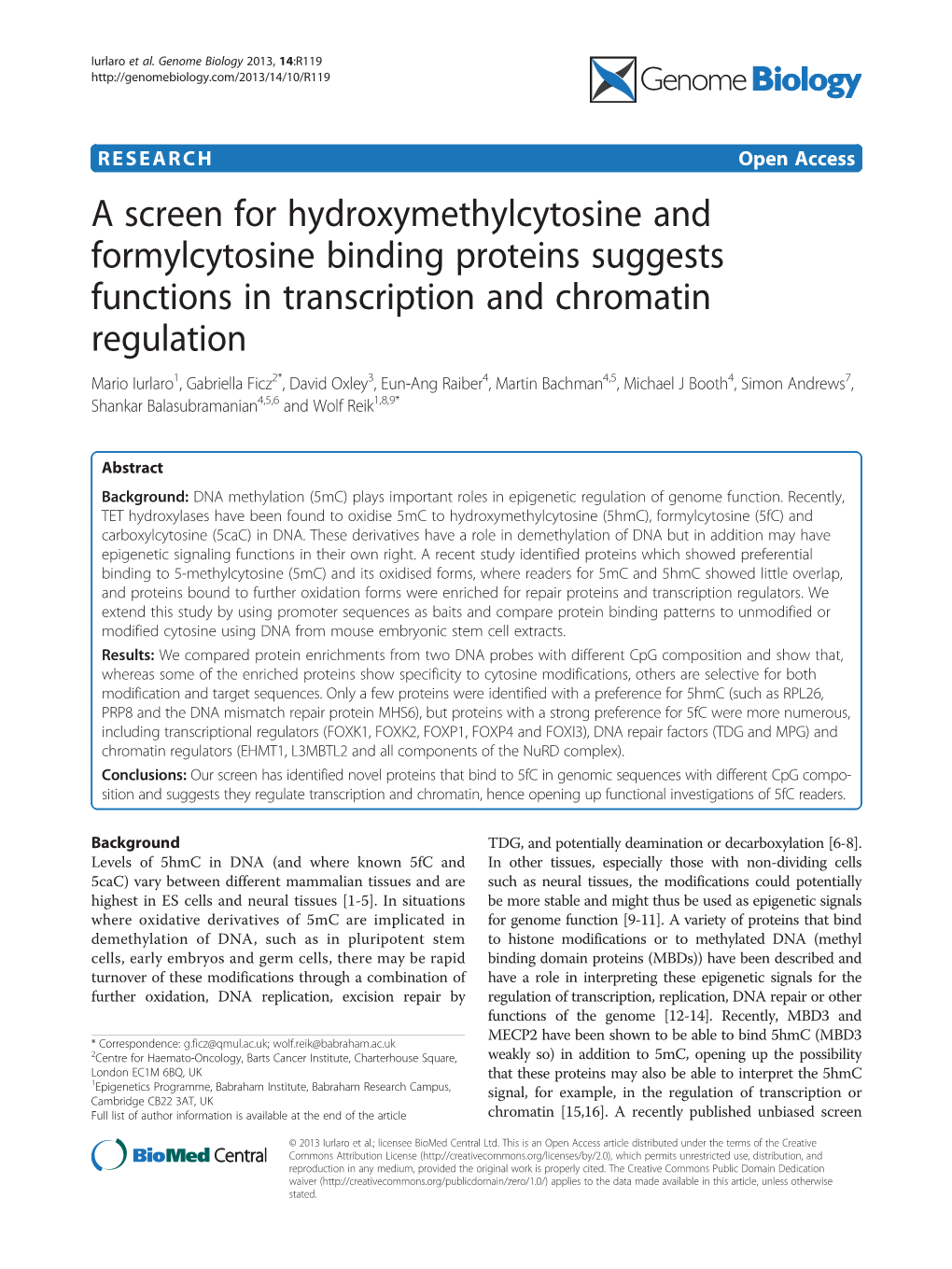 A Screen for Hydroxymethylcytosine and Formylcytosine Binding Proteins