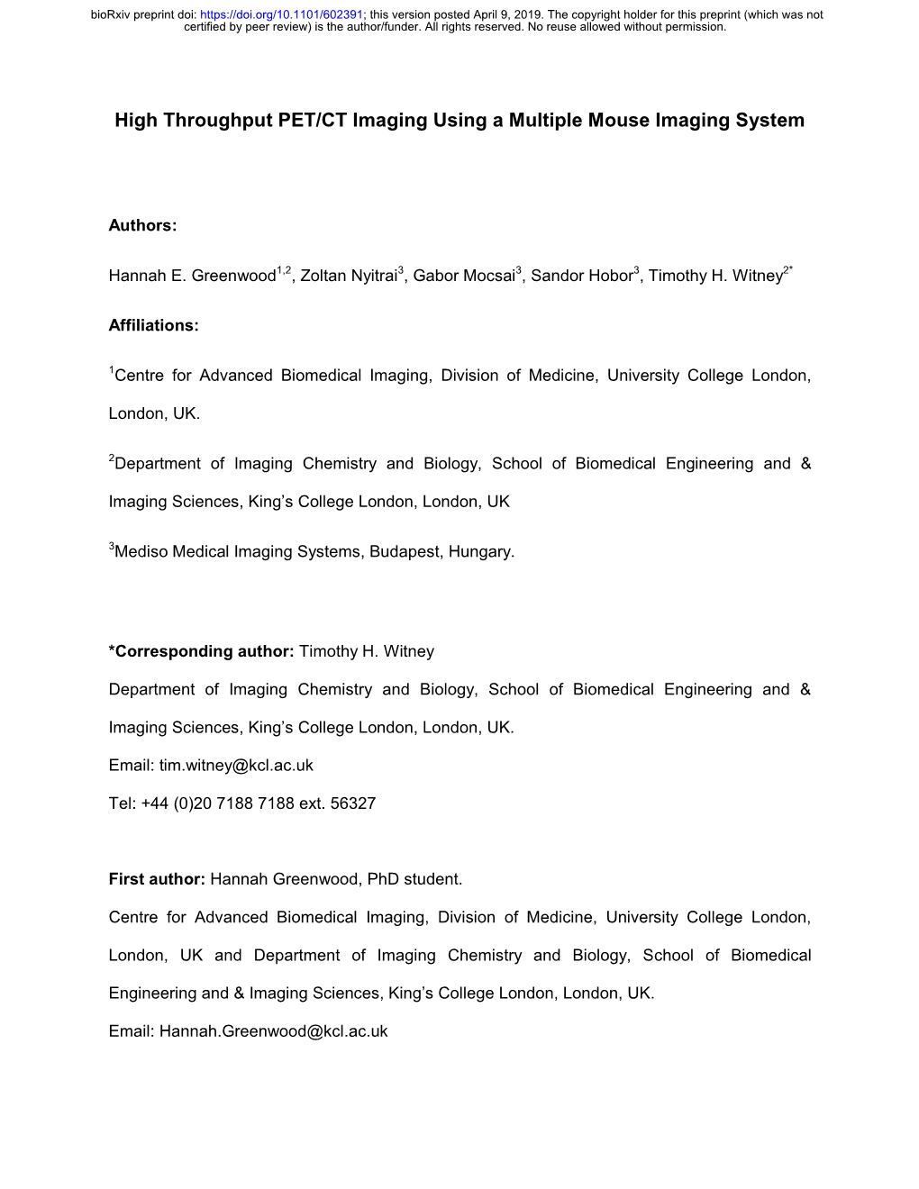 High Throughput PET/CT Imaging Using a Multiple Mouse Imaging System