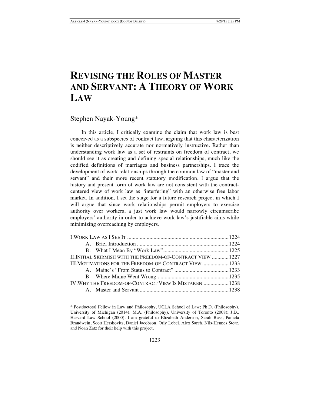 Revising the Roles of Master and Servant: a Theory of Work Law