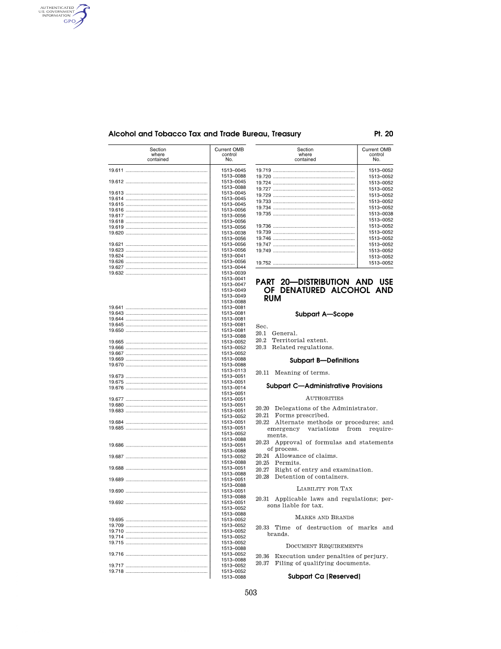 503 Part 20—Distribution and Use of Denatured Alcohol