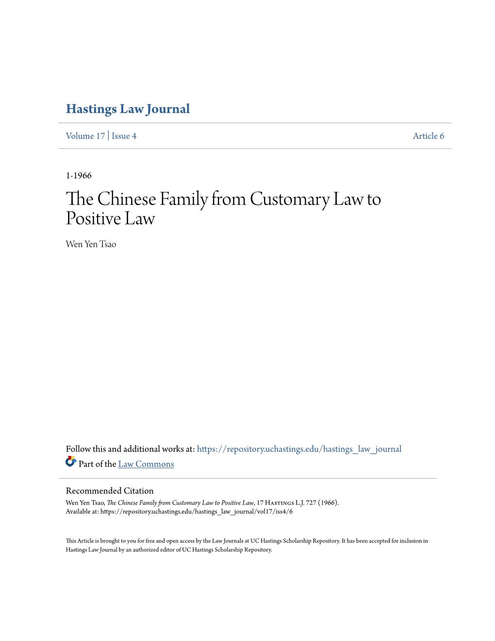 The Chinese Family from Customary Law to Positive Law, 17 Hastings L.J