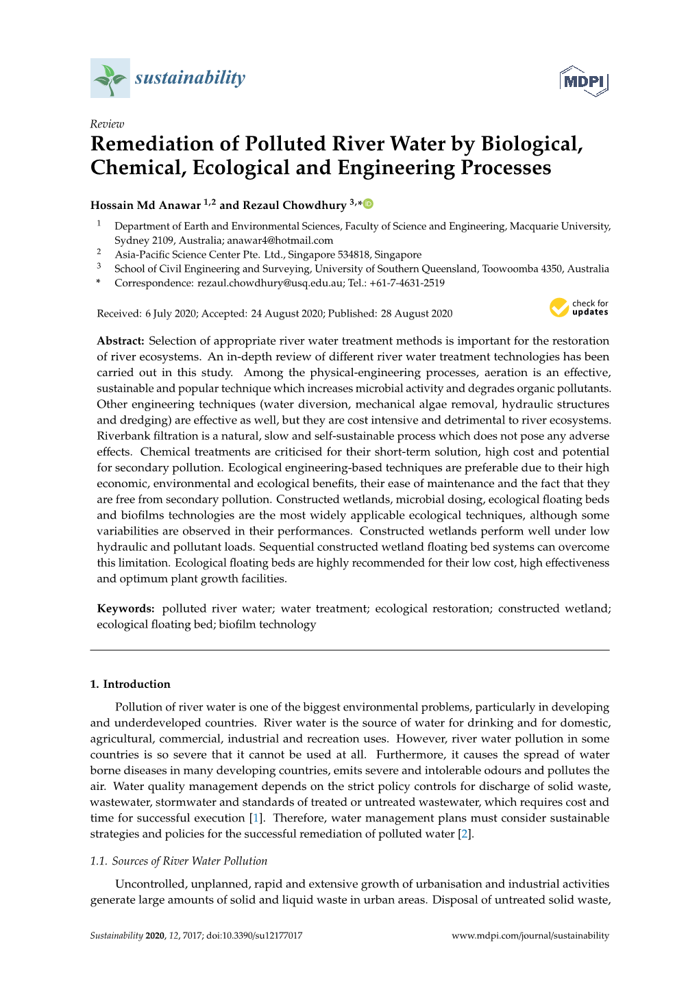 Remediation of Polluted River Water by Biological, Chemical, Ecological and Engineering Processes