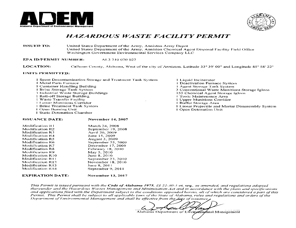 Hazardous Waste Facility Permit: U.S. Department of the Army, Anniston