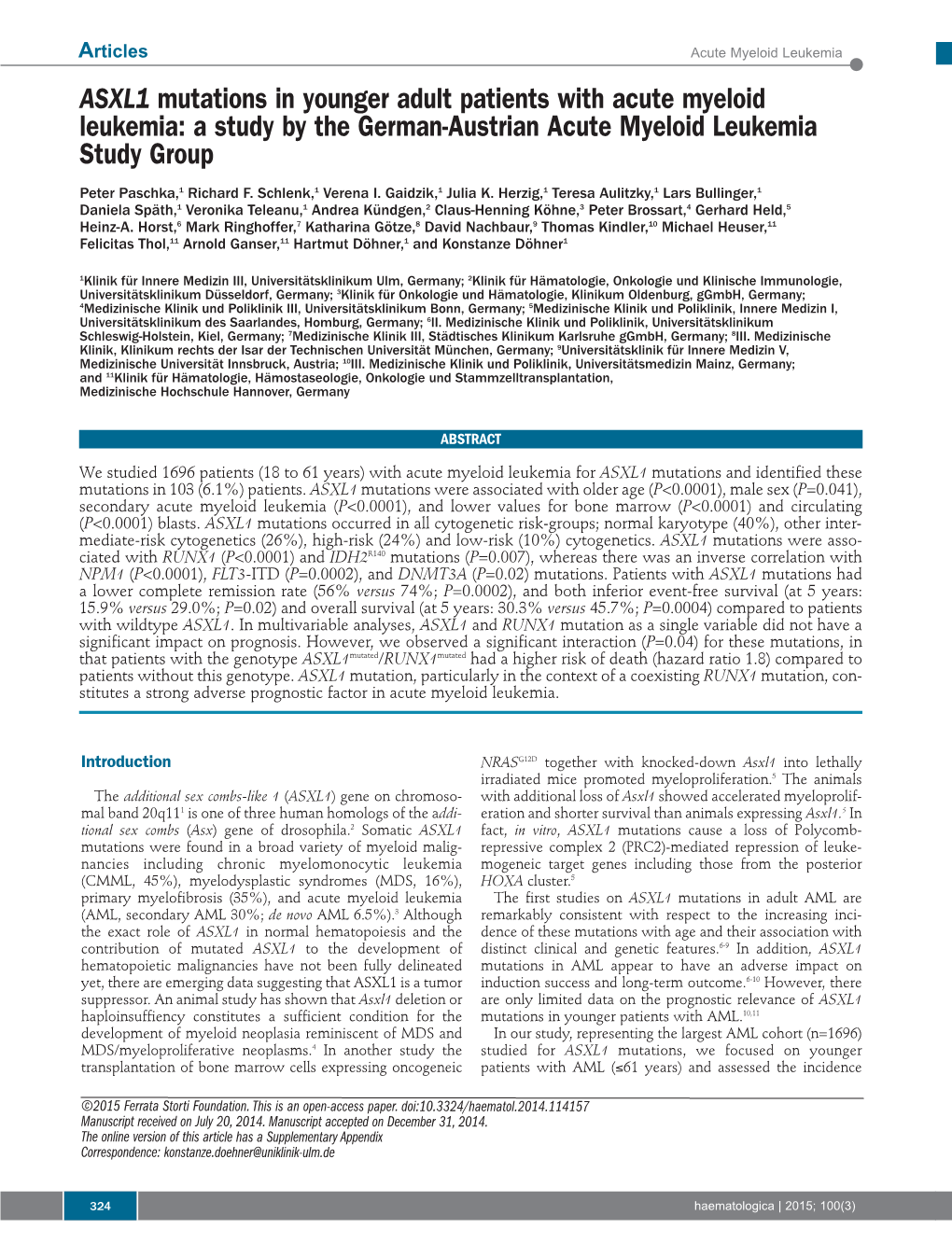 ASXL1 Mutations in Younger Adult Patients with Acute Myeloid Leukemia: a Study by the German-Austrian Acute Myeloid Leukemia Study Group