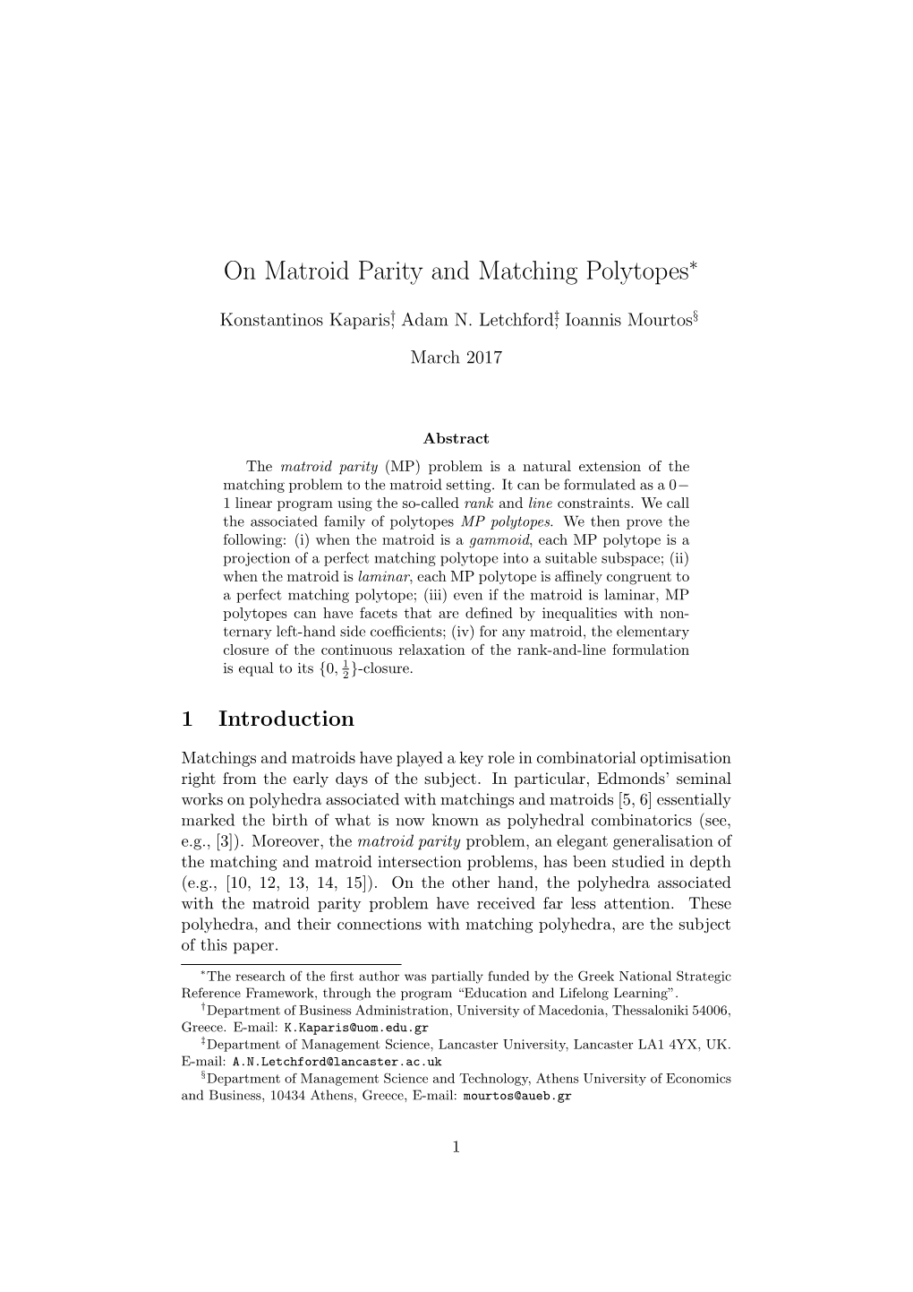 On Matroid Parity and Matching Polytopes∗