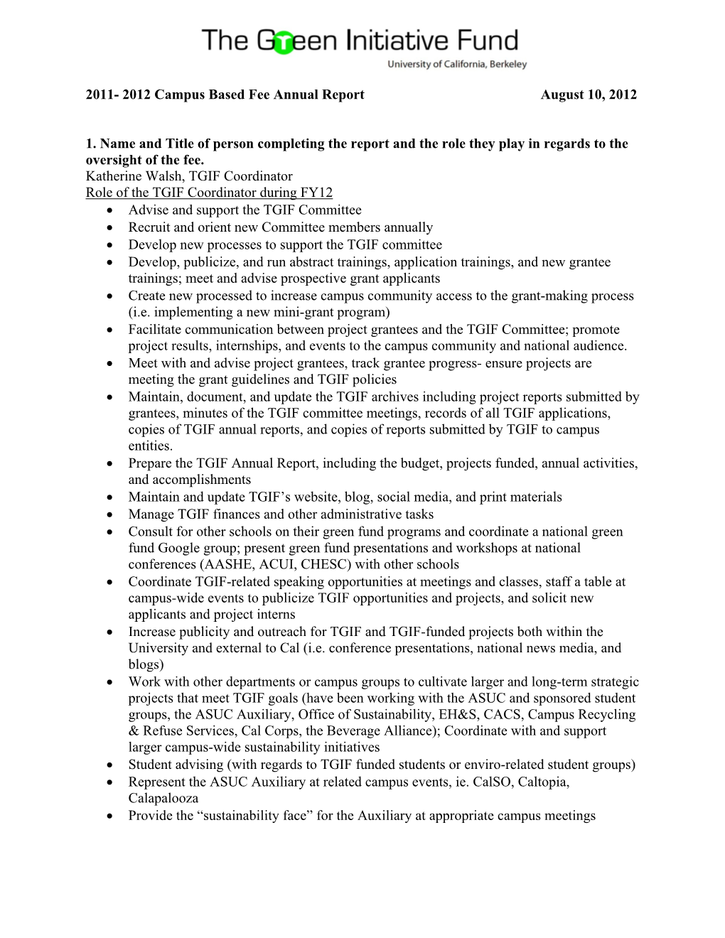 2011- 2012 Campus Based Fee Annual Report August 10, 2012 1