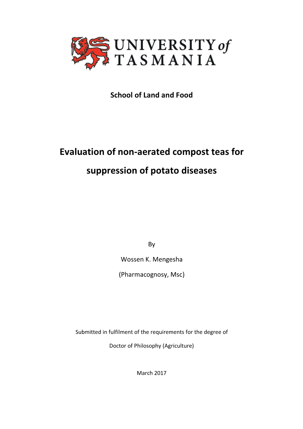 Evaluation of Non-Aerated Compost Teas for Suppression of Potato Diseases