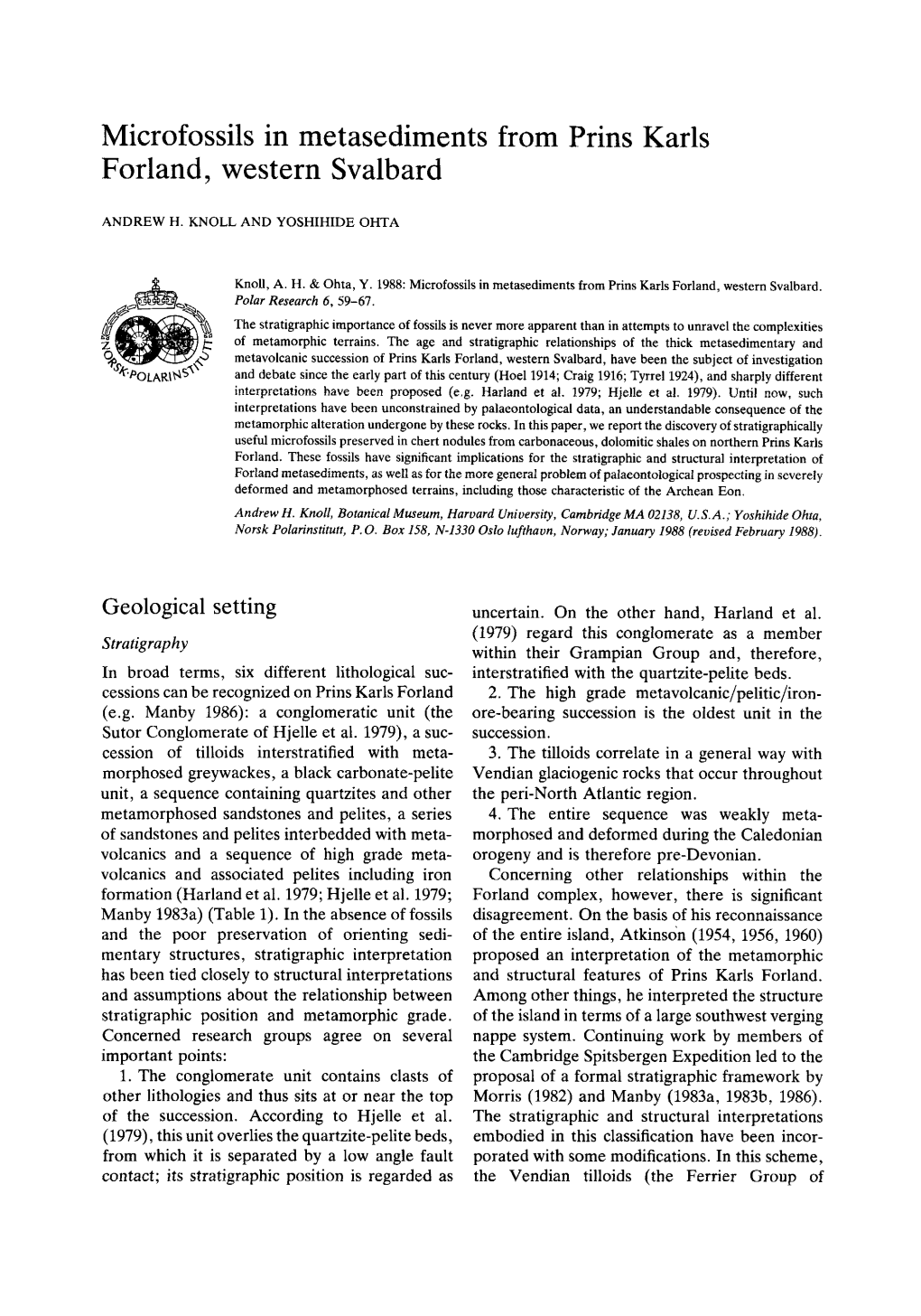 Microfossils in Metasediments from Prins Karls Forland, Western Svalbard