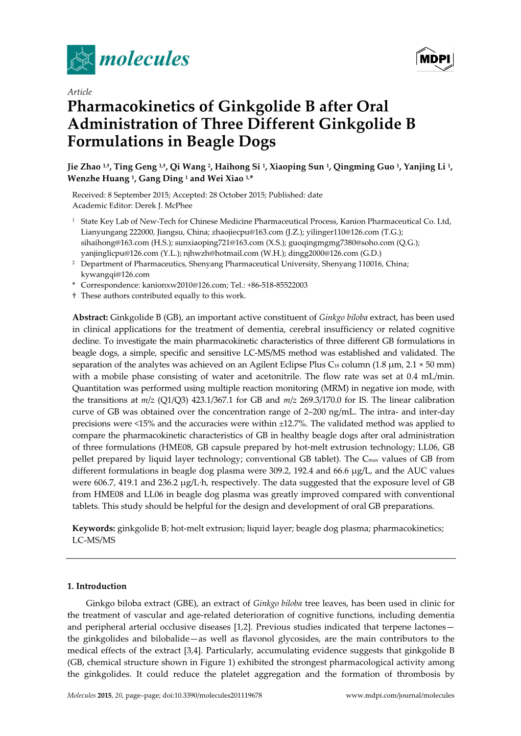 Pharmacokinetics of Ginkgolide B After Oral Administration of Three Different Ginkgolide B Formulations in Beagle Dogs