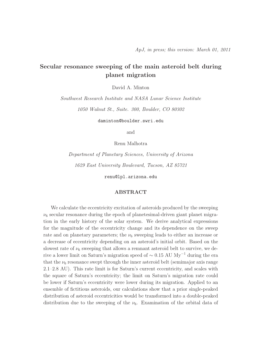 Secular Resonance Sweeping of the Main Asteroid Belt During Planet Migration