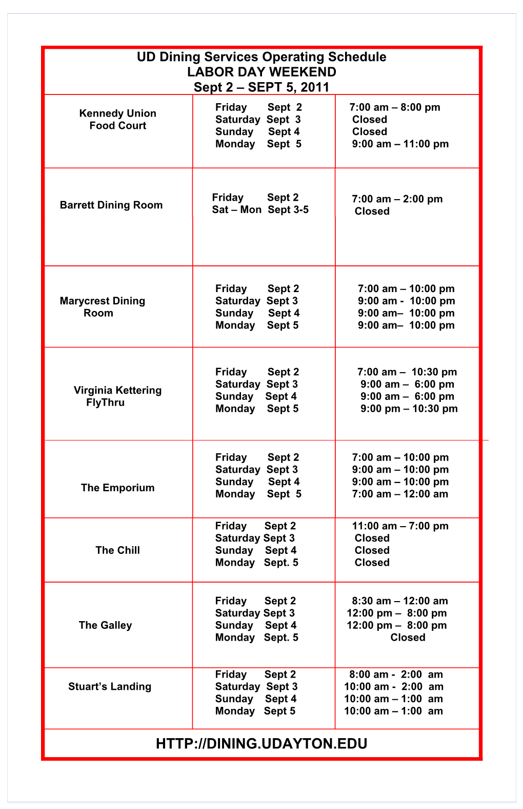 UD Dining Services Operating Schedule