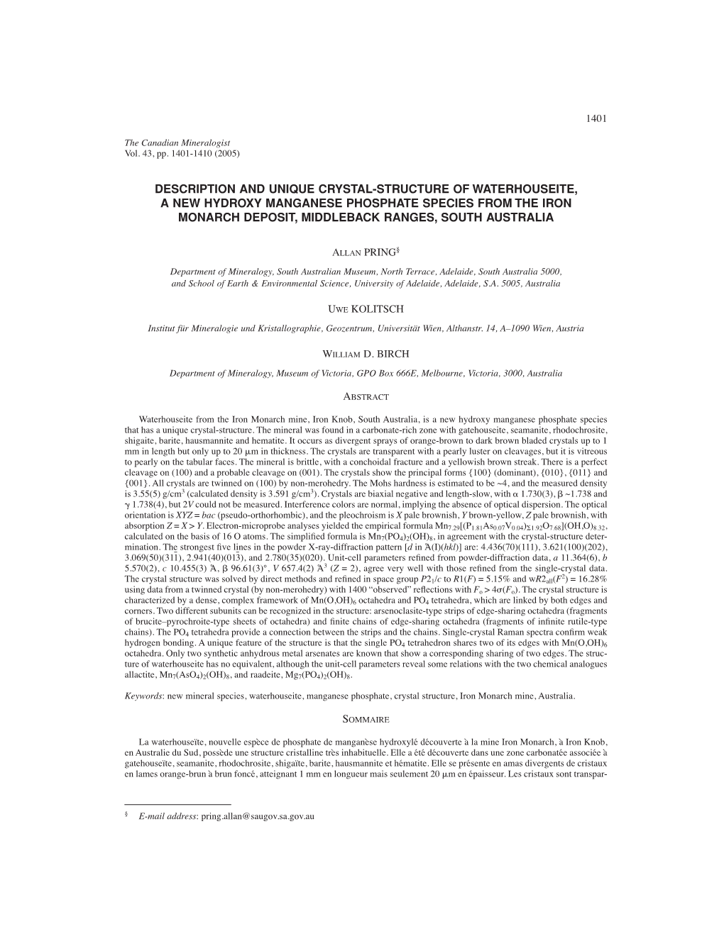 Description and Unique Crystal-Structure of Waterhouseite, a New Hydroxy Manganese Phosphate Species from the Iron Monarch Deposit, Middleback Ranges, South Australia