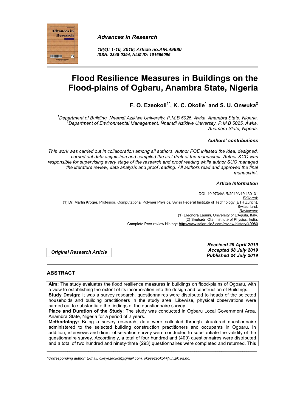 Flood Resilience Measures in Buildings on the Flood-Plains of Ogbaru, Anambra State, Nigeria