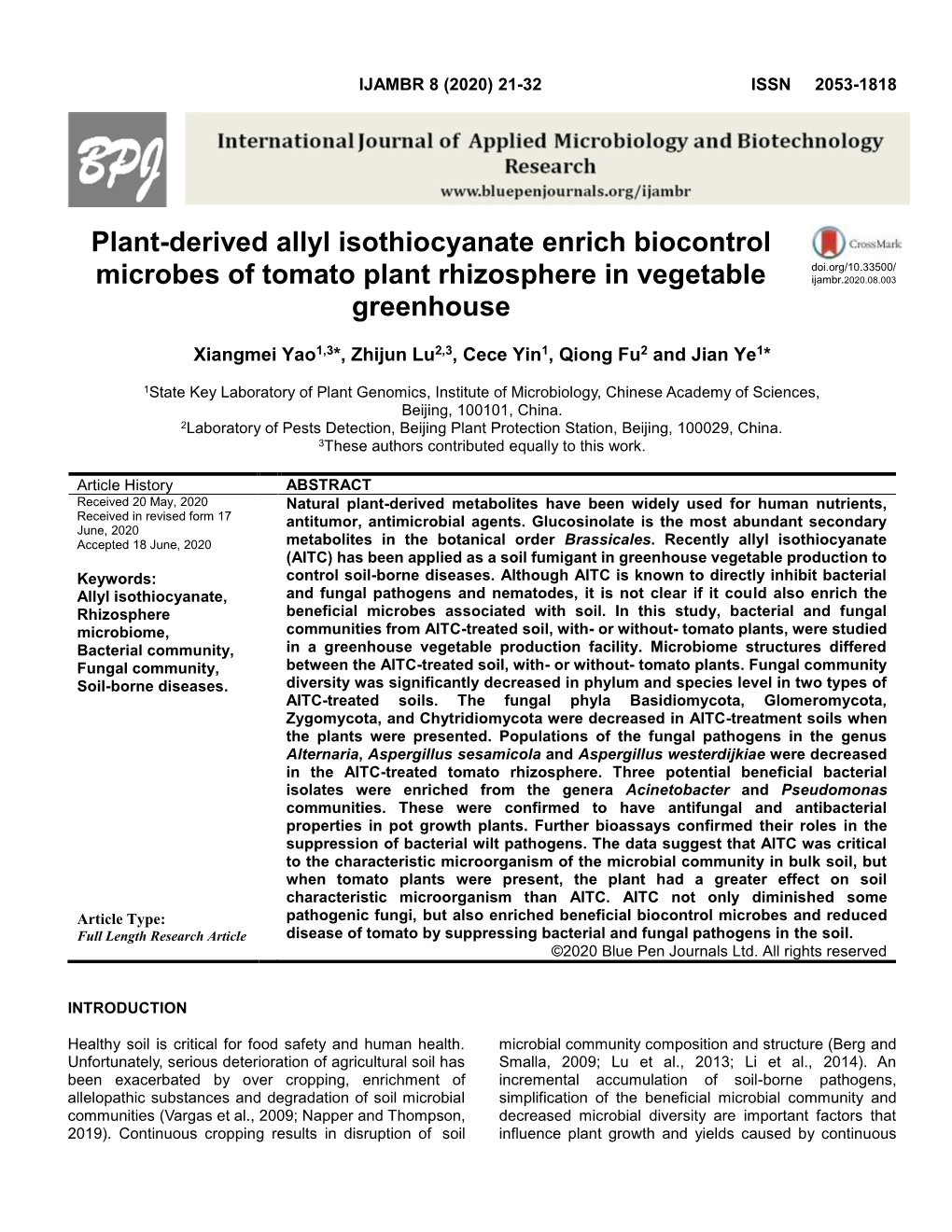 Plant-Derived Allyl Isothiocyanate Enrich Biocontrol Microbes Of