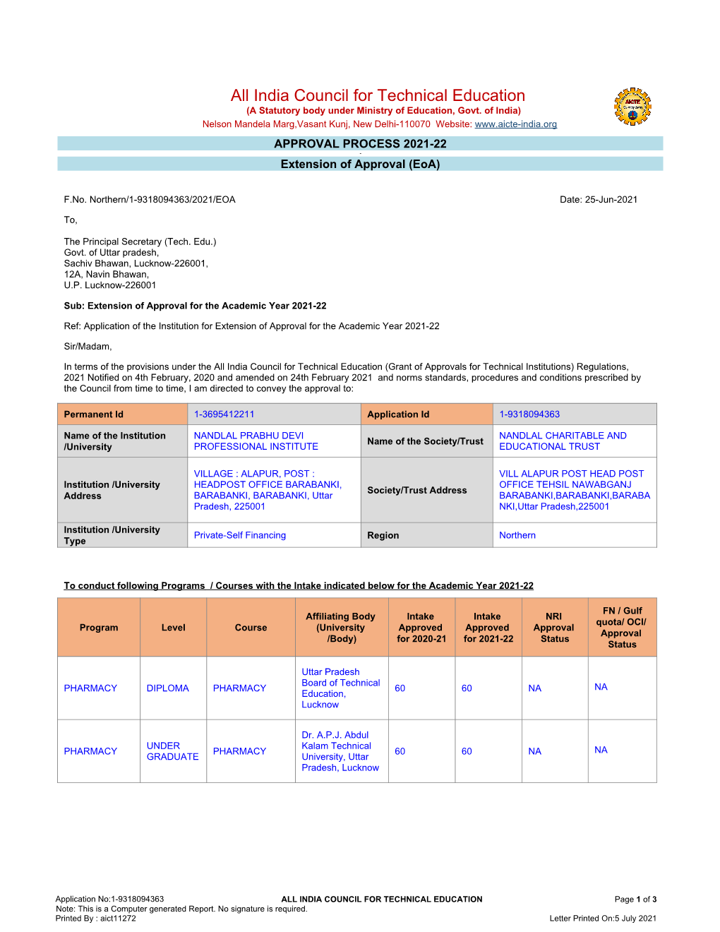 India Council for Technical Education (A Statutory Body Under Ministry of Education, Govt