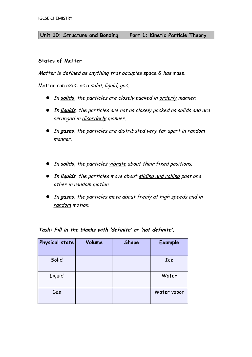 Unit 10: Structure and Bonding