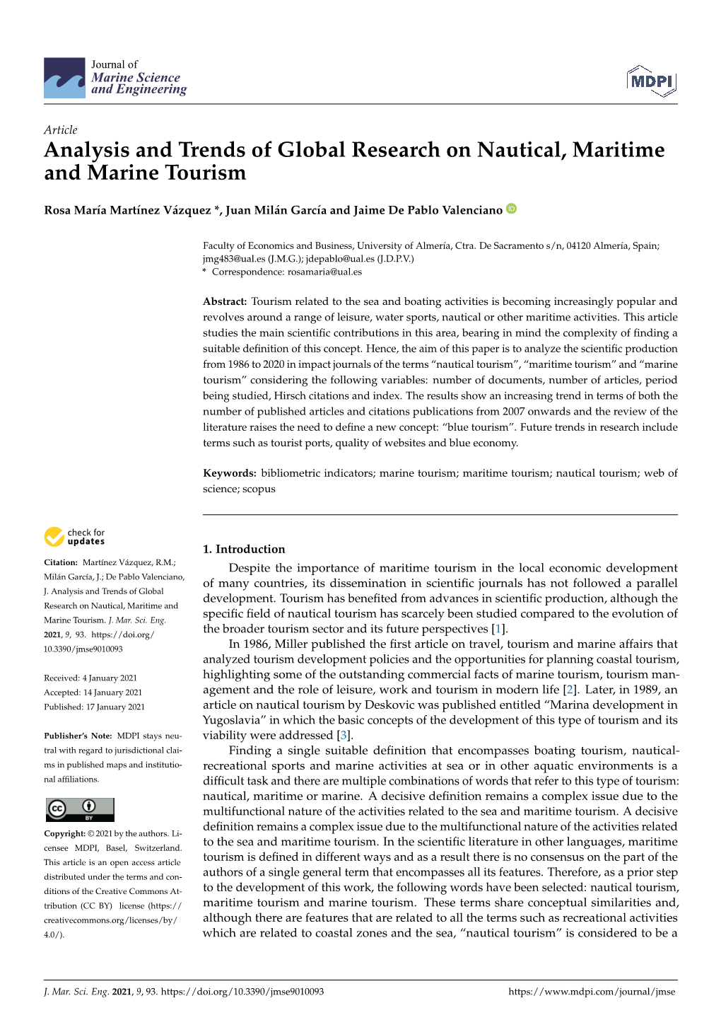 Analysis and Trends of Global Research on Nautical, Maritime and Marine Tourism