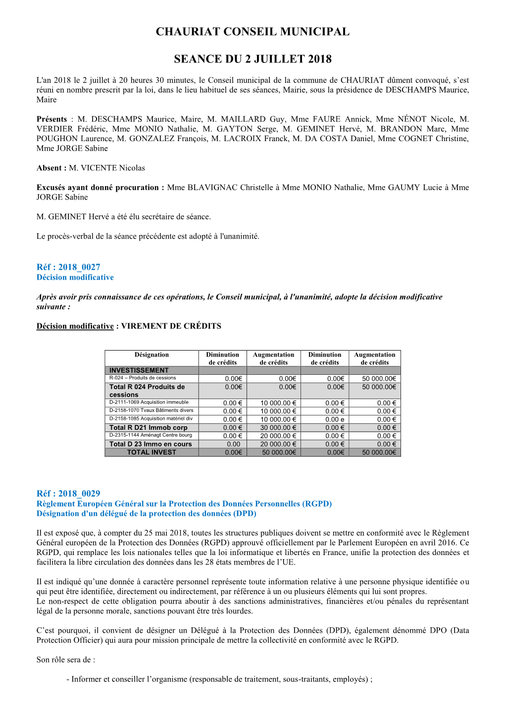 Chauriat Conseil Municipal Seance Du 2 Juillet 2018