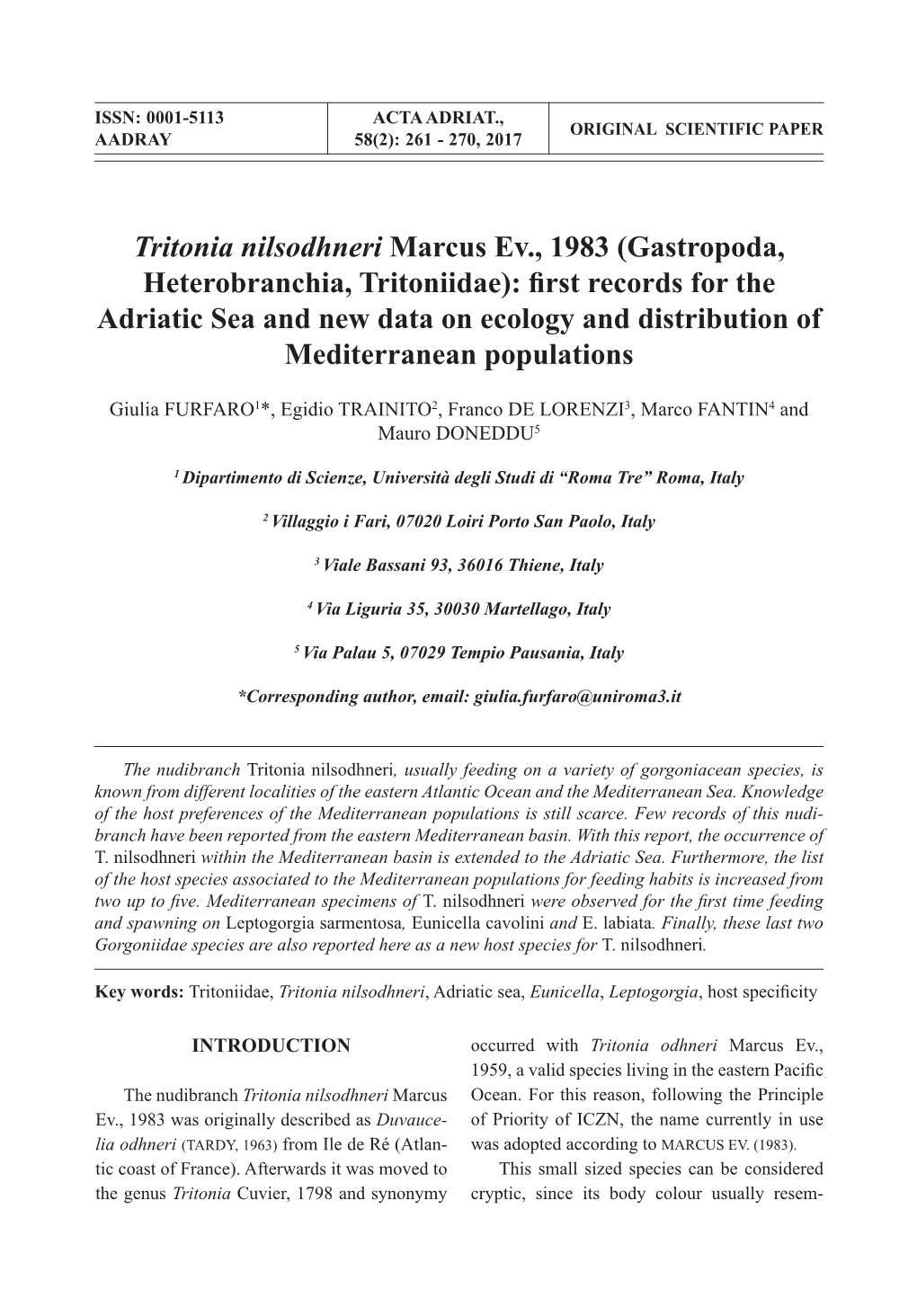 Tritonia Nilsodhneri Marcus Ev., 1983 (Gastropoda, Heterobranchia