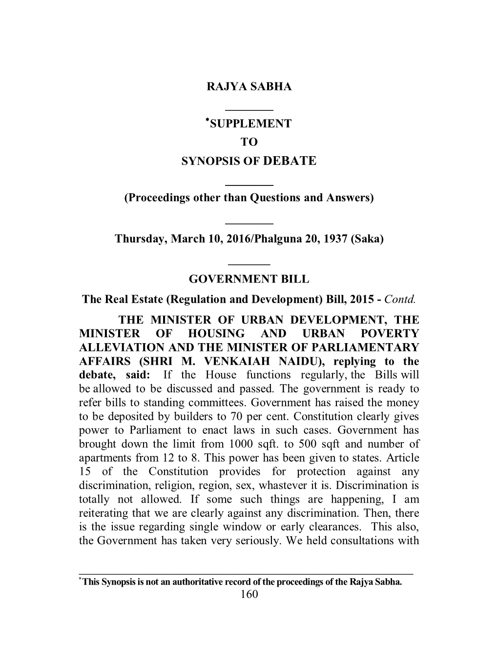 160 Rajya Sabha ___*Supplement to Synopsis Of