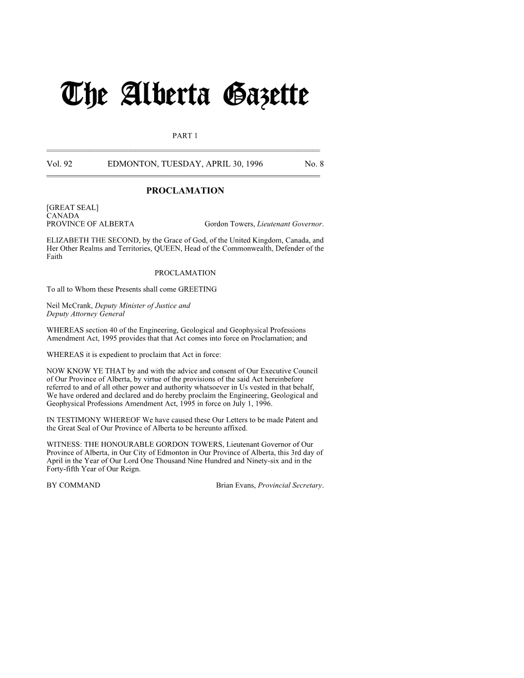 The Alberta Gazette, Part I, April 30, 1996