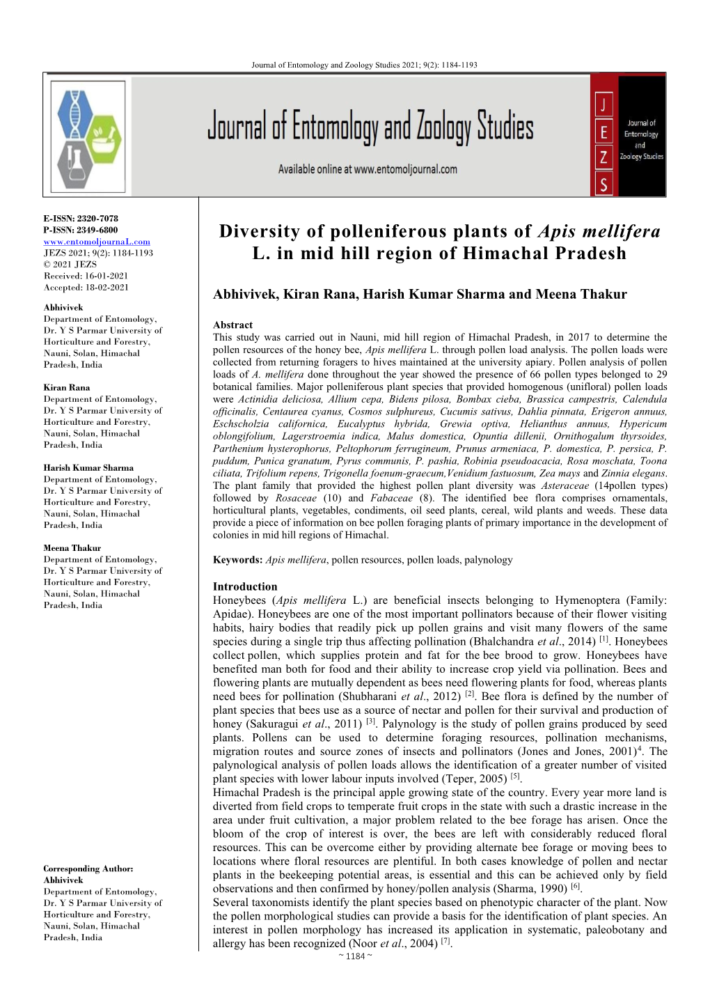 Diversity of Polleniferous Plants of Apis Mellifera L. in Mid Hill Region of Himachal Pradesh