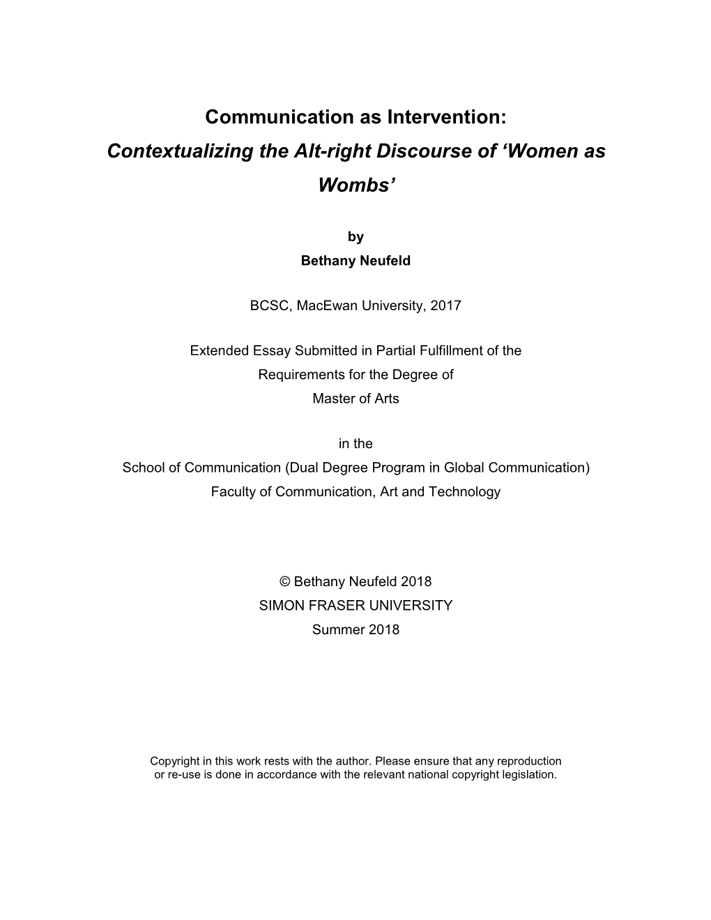 Communication As Intervention: Contextualizing the Alt-Right Discourse of ‘Women As Wombs’