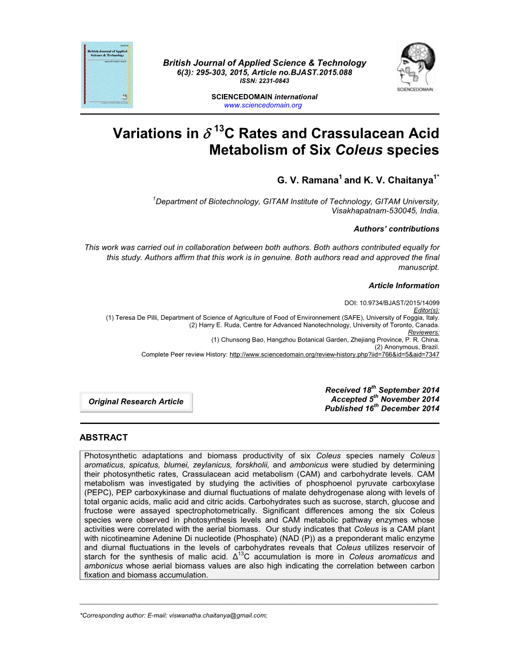 Variations in Δ C Rates and Crassulacean Acid Metabolism of Six Coleus Species