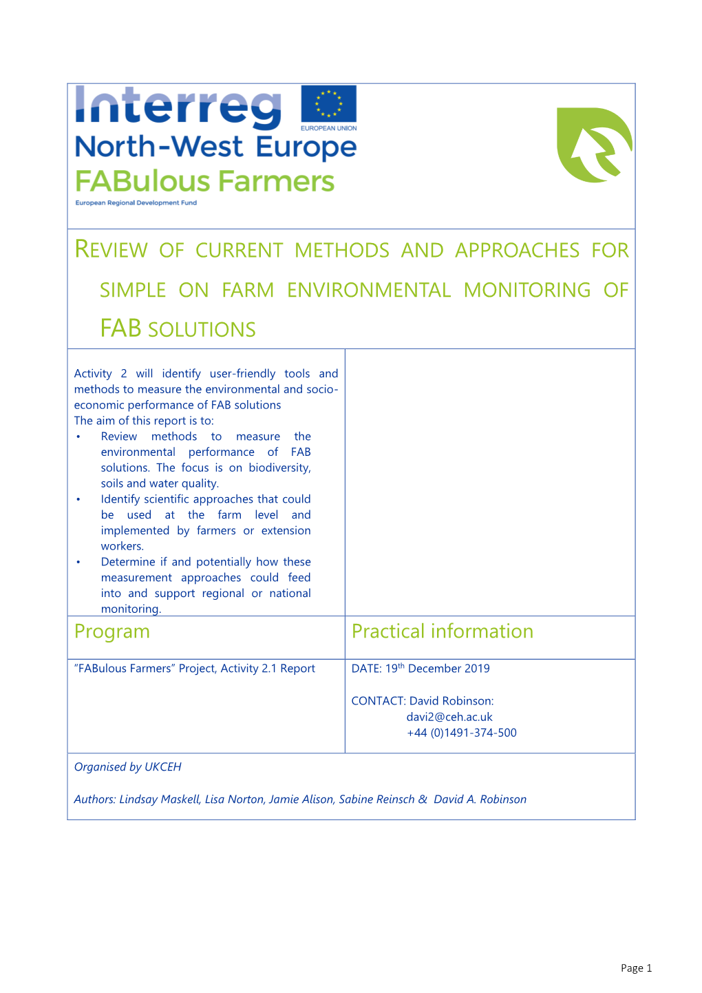 Review of Current Methods and Approaches for Simple on Farm Environmental Monitoring Of