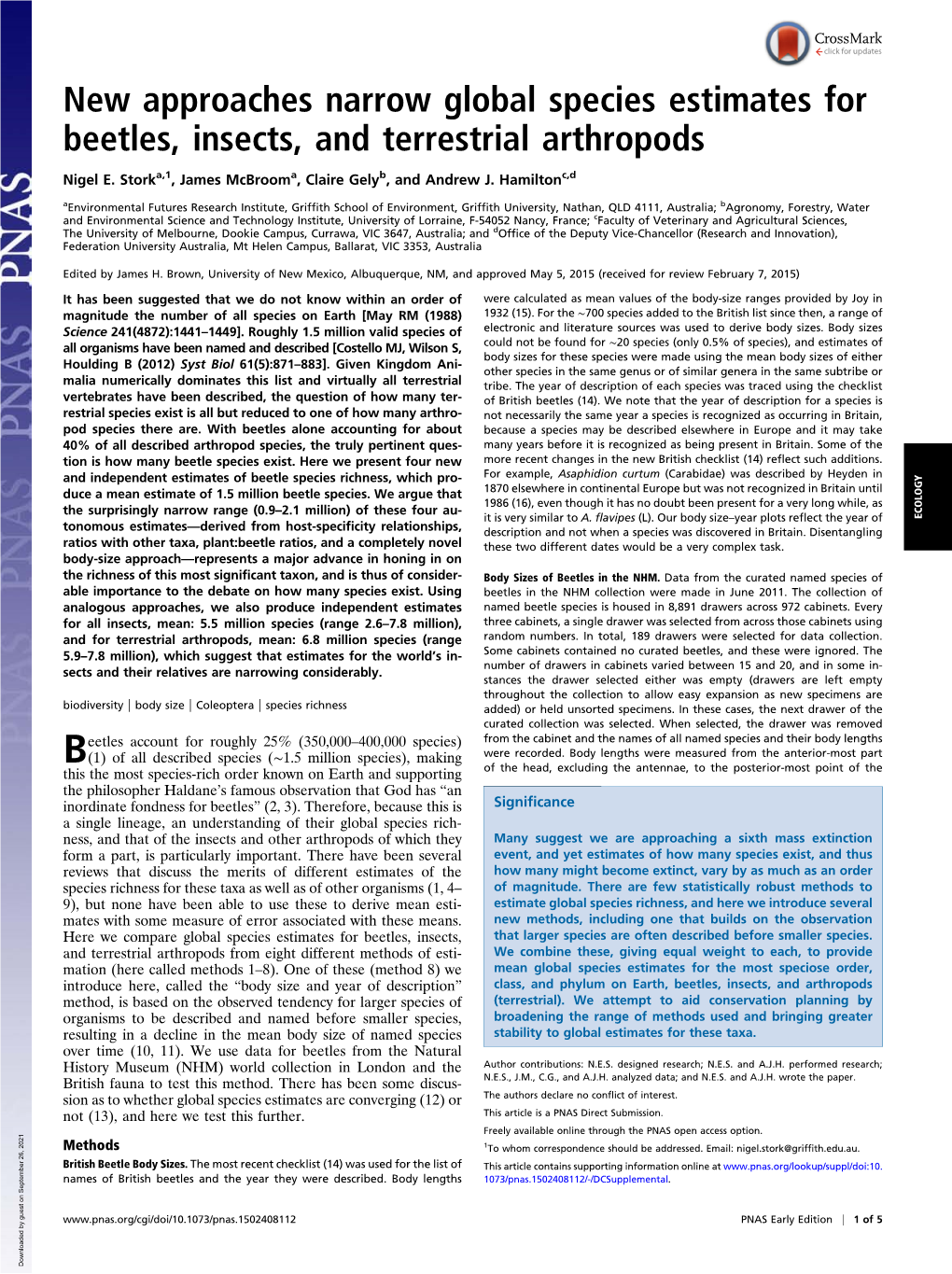 New Approaches Narrow Global Species Estimates for Beetles, Insects, and Terrestrial Arthropods