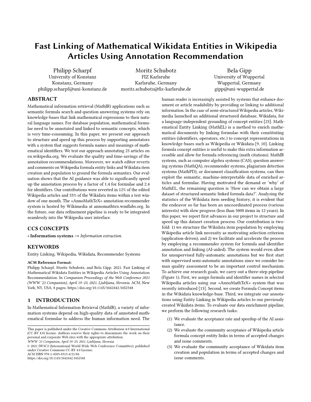 Fast Linking of Mathematical Wikidata Entities in Wikipedia Articles Using Annotation Recommendation