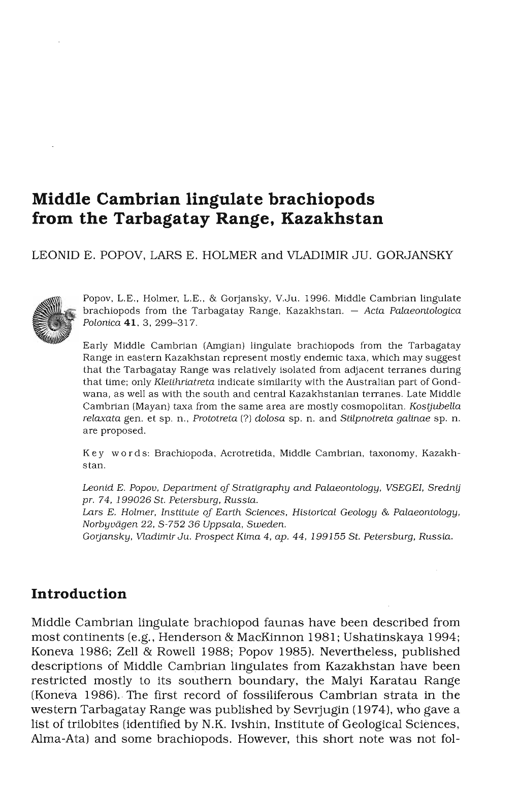 Middle Cambrian Lingulate Brachiopods from the Tarbagatay Range, Kazakhstan